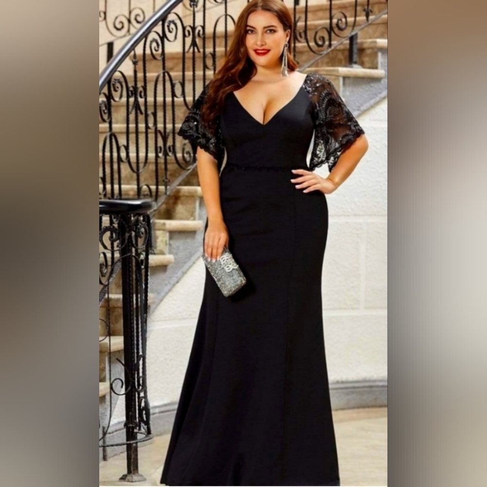Ever Pretty Black Lace-Sleeve V-Neck Maxi Dress